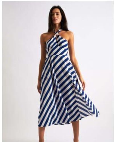 Louche London Geri Halter Midi Dress Diagonal Lines 10 - Blue