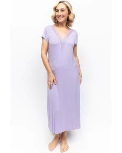 Nora Rose Nora Lorelei Lace Detail Jersey Long Nightdress In Purple - Viola