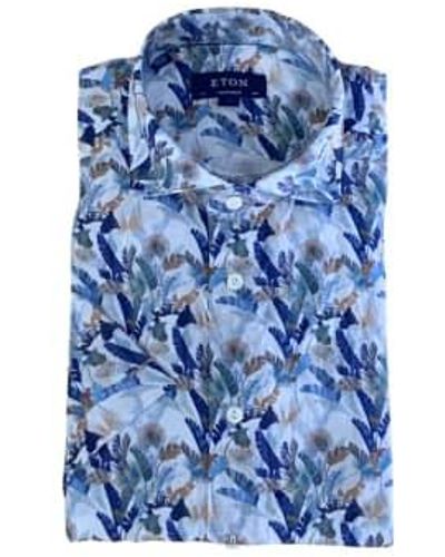 Eton Big Leaf Linen Short Sleeve Shirt Contemporary Fit - Blu