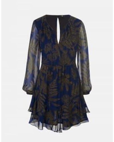 Riani Leaf Print Tie Neck Short Dress Size 12 Col Multi - Blu