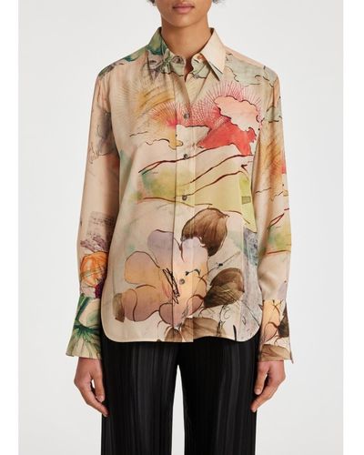Paul Smith Landscape Artist Silk Shirt Col: 60 Light Beige, Size: 8 - Natural