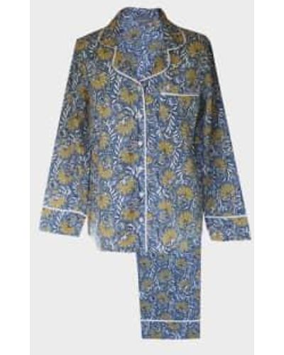 Lime Tree Design Cotton Block Print Pajamas Jaipur Floral Blue/yellow Large