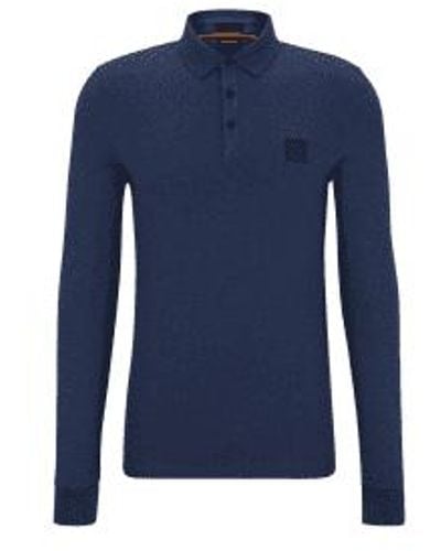 BOSS Passerby Long Sleeve Cotton Stretch Polo Shirt Size M Col - Blu