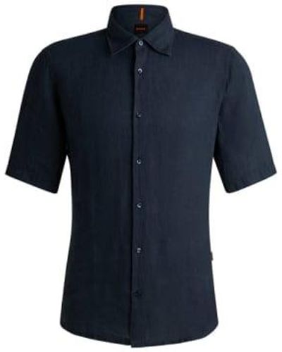 BOSS Rash 2 Linen Short Sleeve Shirt Navy Small - Blue