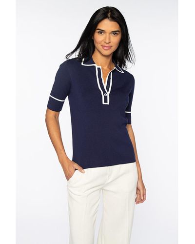 Kinross Cashmere Tipped Button Polo Navy - Blue