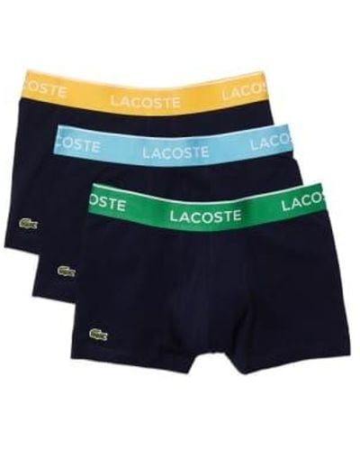Lacoste 3 Pack Cotton Stretch Trunks Navy With Blue Green Yellow Waistband
