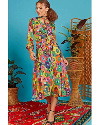 ONJENU Sharon Midi Dress Sky Flower Multi - Blue