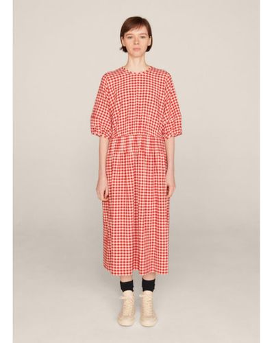 YMC Garden Cotton Linen Gingham Dress — Ecru/red - Pink