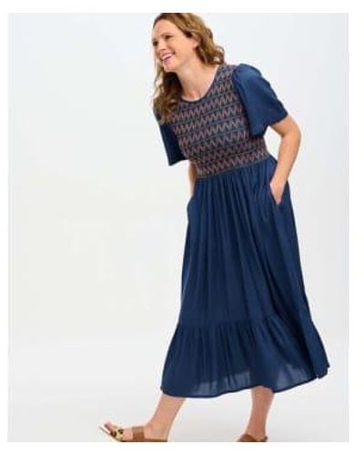 Sugarhill Brielle Midi Shirred Dress Washed Navy, Zigzag Shirring 8 - Blue