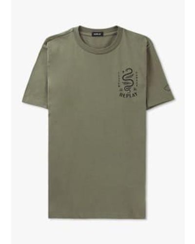 Replay Mens Boost Garage Snake Print T Shirt In Light Military - Verde