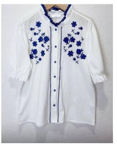 Every Thing We Wear Kilky Cotton Short Sleeve Blouse Embroidery Detail S - Blue