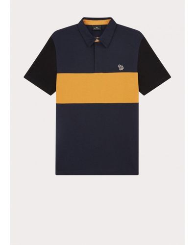 Paul Smith Ps Block Stripe Short Sleeve Polo Shirt Col: Navy/ Mustard, - Blue