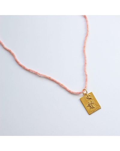 Hermina Athens Pink Coral Necklace With Lovers Square Tarot Charm - Bianco