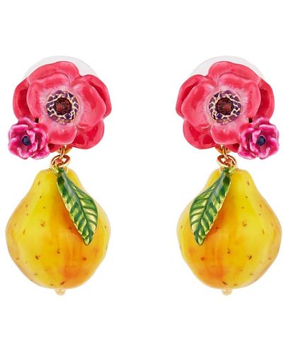 Les Nereides Pink Poppy Flower & Sweet Pear Post Earrings