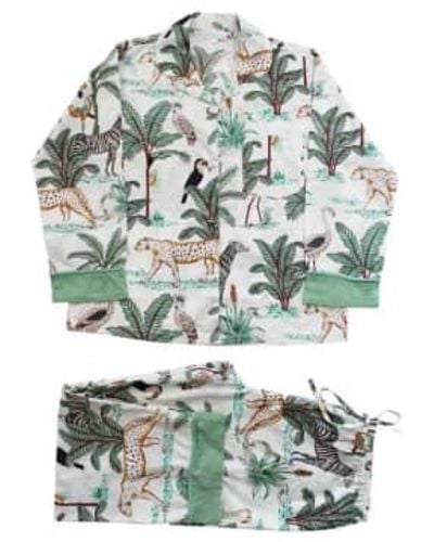 Powell Craft Damen-pyjama aus cremefarbener baumwolle mit safari-print - Grün