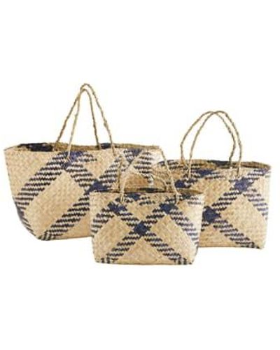 Madam Stoltz Small Blue Colourful Striped Seagrass Baskets With Handles - Metallic