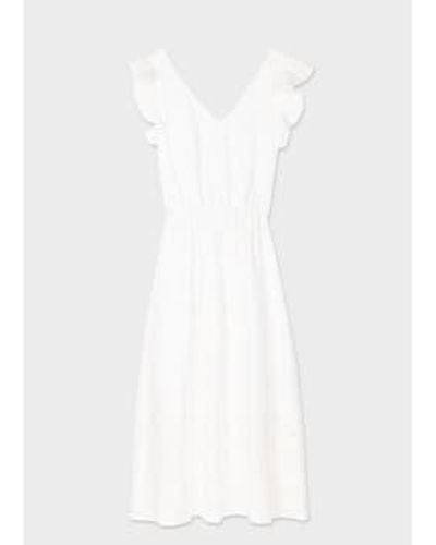 Paul Smith Embroided Assymetric Frill Shirt Dress Size: 14, Col: White