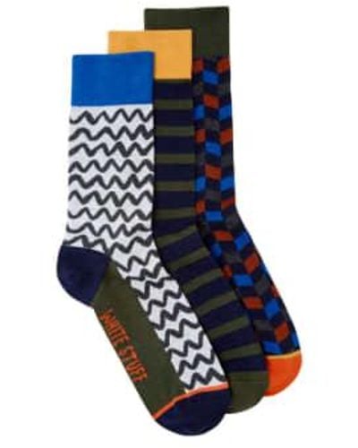White Stuff 3 Pack Geo Stripe Ankle Socks Khaki Green 7-9 - Blue