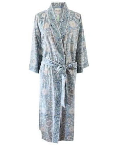 Powell Craft Block Printed Cornflower Cotton Dressing Gown One Size - Blue