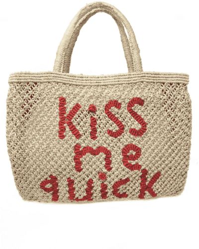 The Jacksons Natural And Scarlet Kiss Me Quick Jute Bag - Pink