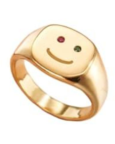 Posh Totty Designs Plated Emerald And Ruby Smiley Face Signet Ring Plated - Metallic
