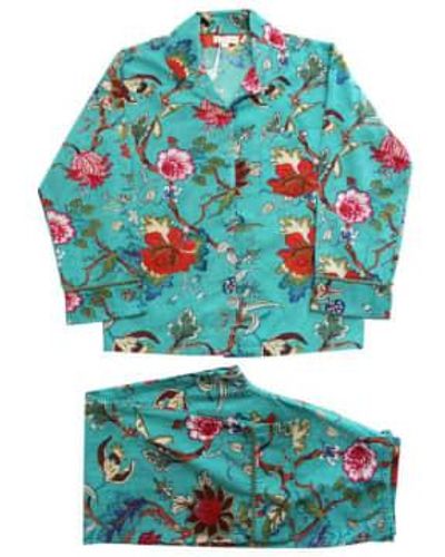Powell Craft Ladies Exotic Flower Print Cotton Pajamas S/m - Blue