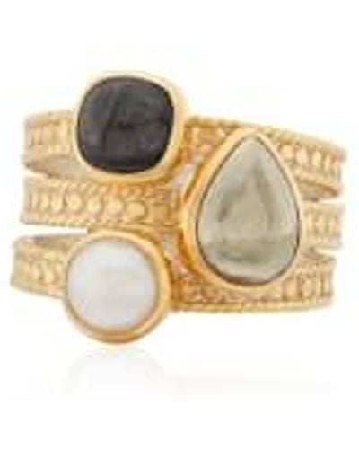 Anna Beck Hypersthene, Pyrite, And Pearl Faux Stacking Ring 7 - Metallic