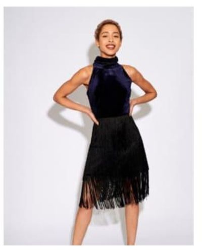 Louche London Karene Fringe Skirt Velvet Mini Dress Navy 8 - Black