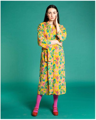 Les Touristes Long Cotton Dressing Gown, Ancolie Yellow - Green