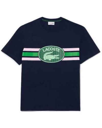 Lacoste Regular Fit Cotton Printed Monogram Tee Navy, Pink & Green M - Blue