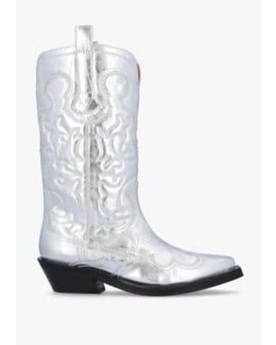 Ganni S Mid Shaft Embroidered Western Boots - White