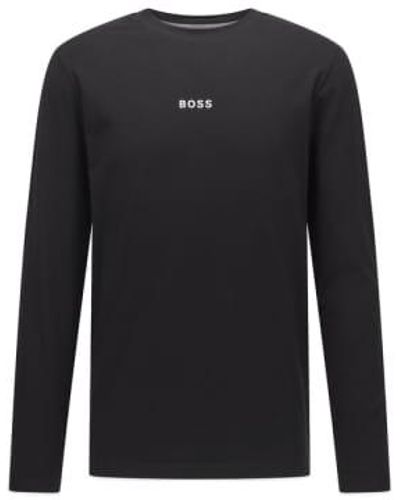 BOSS Maglia a maniche lunghe in cotone elasticizzato con logo a cinque strati - Nero