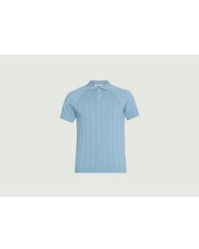 Knowledge Cotton Regular Short-sleeved Striped Knit Polo Shirt M - Blue