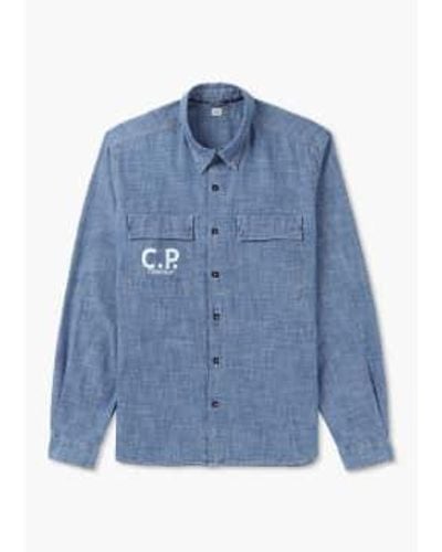 C.P. Company S Chambray Long Sleeved Logo Shirt - Blue