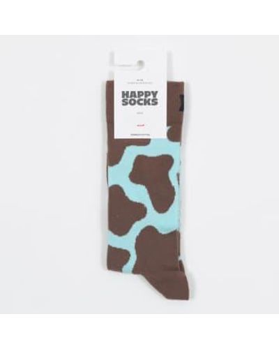 Happy Socks Chaussettes imprimées vache marron et bleu - Blanc