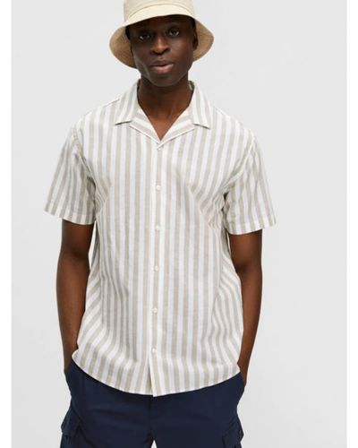 SELECTED Selected Linen Stripe S/s Cuban Shirt - White
