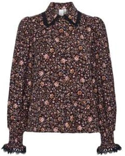 Y.A.S Floral Lace Trim Shirt - Brown