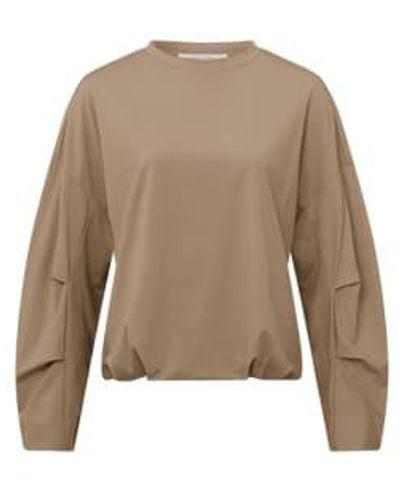Yaya Top With Crewneck, Long Sleeves & Pleated Details Affogato - Natural