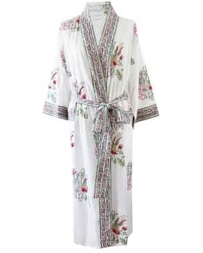 Powell Craft Block Printed Floral Bird Cotton Dressing Gown One Size - Gray