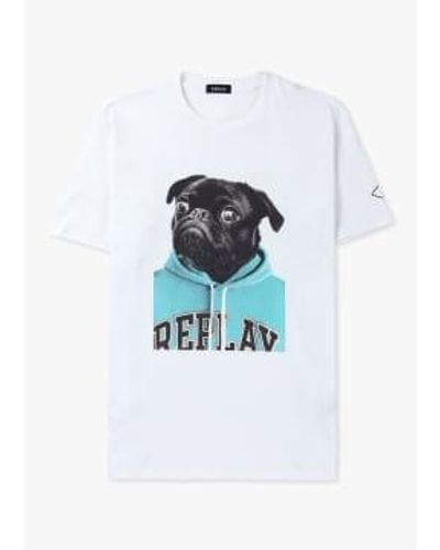 Replay Herrenklassiker mops-print-t-shirt in weiß