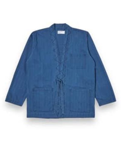 Universal Works Tie Front Jacket Herringbone Denim 30684 Washed Indigo Xs - Blue