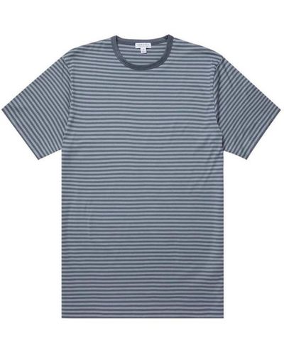 Sunspel Classic Crew T Shirt Blue Slate Blue Steel English Stripe 1