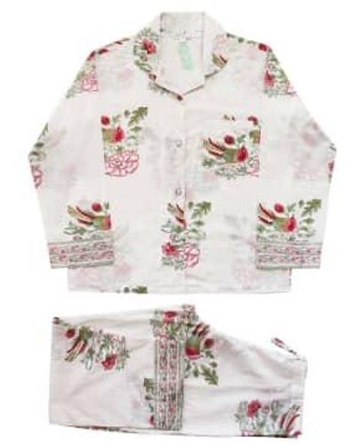 Powell Craft Block Printed Floral Bird Cotton Pajamas Cotton - White