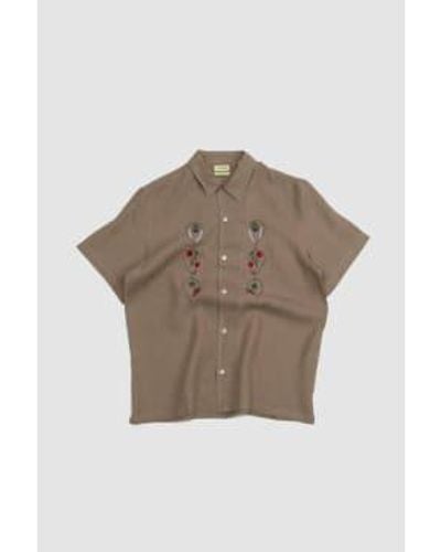 De Bonne Facture Camp Collar Embroidered Shirt Soft M - Gray