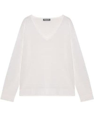 Cashmere Fashion Séter lino-viscose esisto séter en v manga larga - Blanco