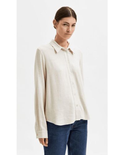 SELECTED Linen Mix Long Sleeve Shirt - Bianco