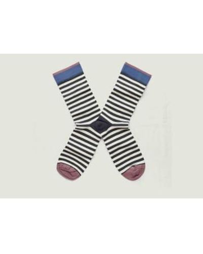 Bonne Maison Chaussettes rayées bleues et écrutées nuit avec s bords contrastés