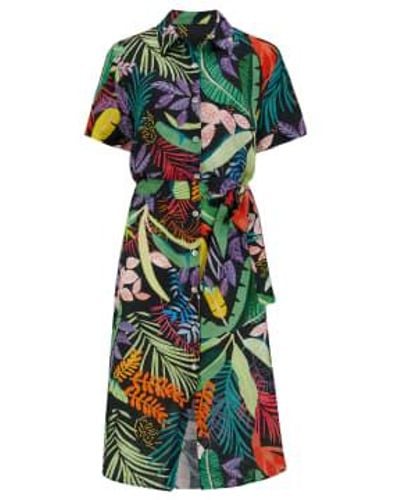120% Lino Short Sleeve Printed Dress In Jungle 12 - Green