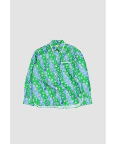 Marni Stripy Flowers Poplin Shirt Sea 48 - Green