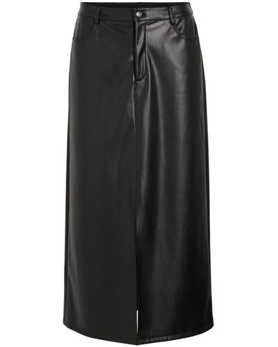 Vila Faux Leather Front Split Skirt - Black